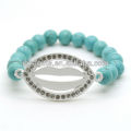 Turquoise 8MM Round Beads Stretch Gemstone Bracelet with Diamante Lip in the middle